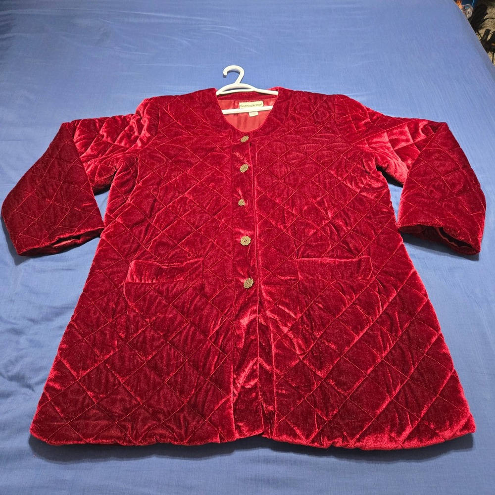Seventh Avenue Quilted Velvet Jacket Womens XL Red Excellent Long Button Front